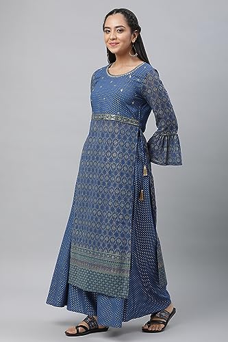 Image of Aurelia Women's Bright Blue Polyester Straight Kurta, Palazzos, Dupatta Suit Set