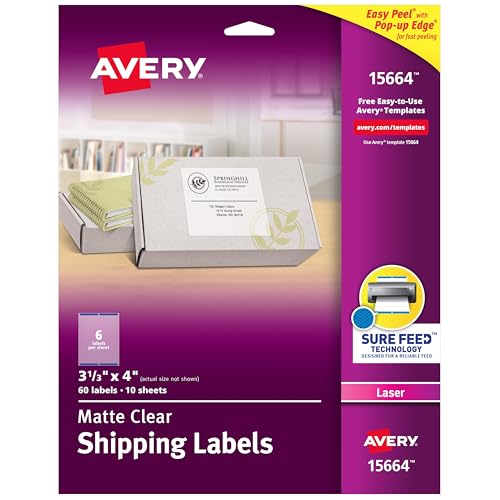 Avery Matte Clear Shipping Labels, Sure Feed Technology, Laser, 3-1/3" x 4", 60 Labels, 5 Packs (15664)