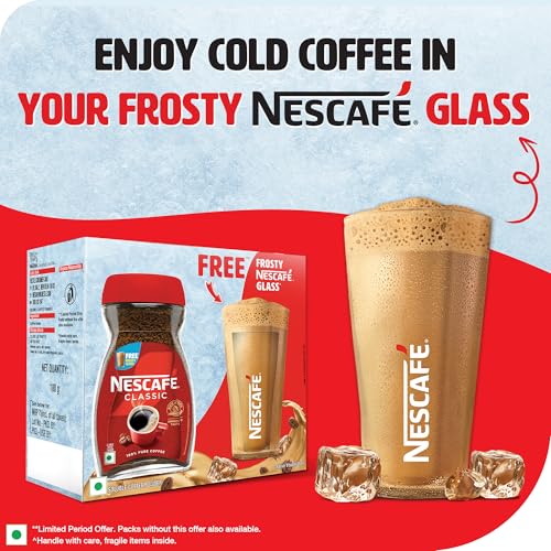 Nescafe Classic Instant Coffee Powder | Indulge In A Delicious NESCAFE Cold Coffee At Home | Jar with Free Frosty Cafe Glass Inside | 190 G/180 G Jar (Weight May Vary)