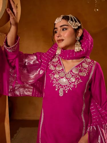 Image of Naixa Women's Viscose Silk Embroidered Straight Kurta with Pant | Viscose Jacquard Dupatta Set | Full Sleeve | V-Neck | Festive (Available in Plus Size)