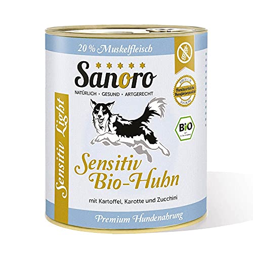 Sanoro Sensitiv Light Bio-Huhn – Premium Hundefutter bei Leishmaniose: Purin- und proteinreduziert in Bio-Qualität. Muskelfleisch vom Bio-Huhn mit Bio-Kartoffel und Bio-Karotte. (6 x 800g).