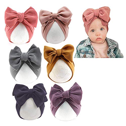 Image of Baby Girl Velvet Big Hair Bow Knotted Head Wrap Oversized Bow Beanie India Cap Warm for Newborn Infant Toddlers 6PCS
