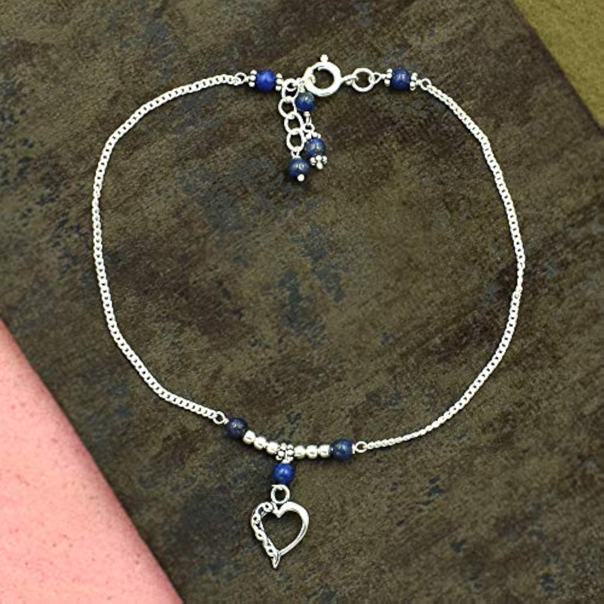Women's Natural Lapis Lazuli Gemstone & Heart Charm Beaded Anklet