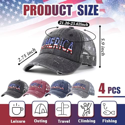 Image of Jeyiour 4 Pcs 4th of July America Baseball Cap Patriotic Flag Baseball Hat Adjustable Cotton Red White Blue Independence Day 250th Anniversary Outfits for Men Women USA