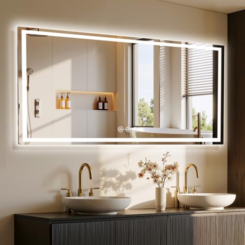 Image of 72x30 LED Bathroom Mirror with Anti-Fog, Backlit & Front Lit, Memory | Stepless Dimmable 3 Color CRI 95+ Shatterproof Tempered Glass ETL Listed for Safety Lighted Bathroom Vanity Mirror for Wall