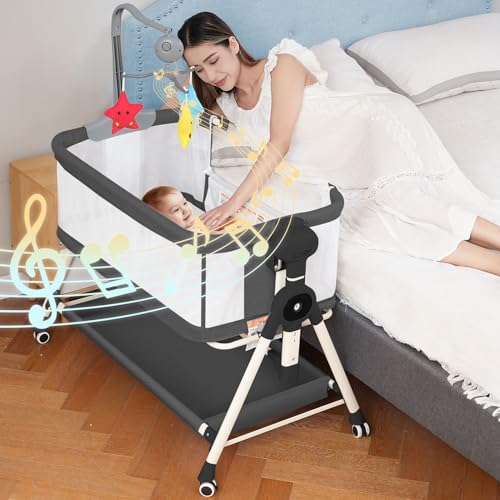 Image of Baby Bassinet, Rocking Bassinet, 3 in 1 Bassinets Bedside Sleeper with Musical Toys, Bedside Bassinet for Baby with Storage Basket and Wheels, Adjustable Bedside Crib for Newborn (Black)