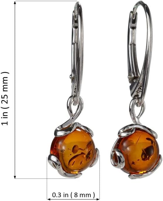 Amber Dangle Earrings for Women – Genuine Baltic Honey Amber Jewelry in 925 Sterling Silver, Round Leverback Earrings - Image 3