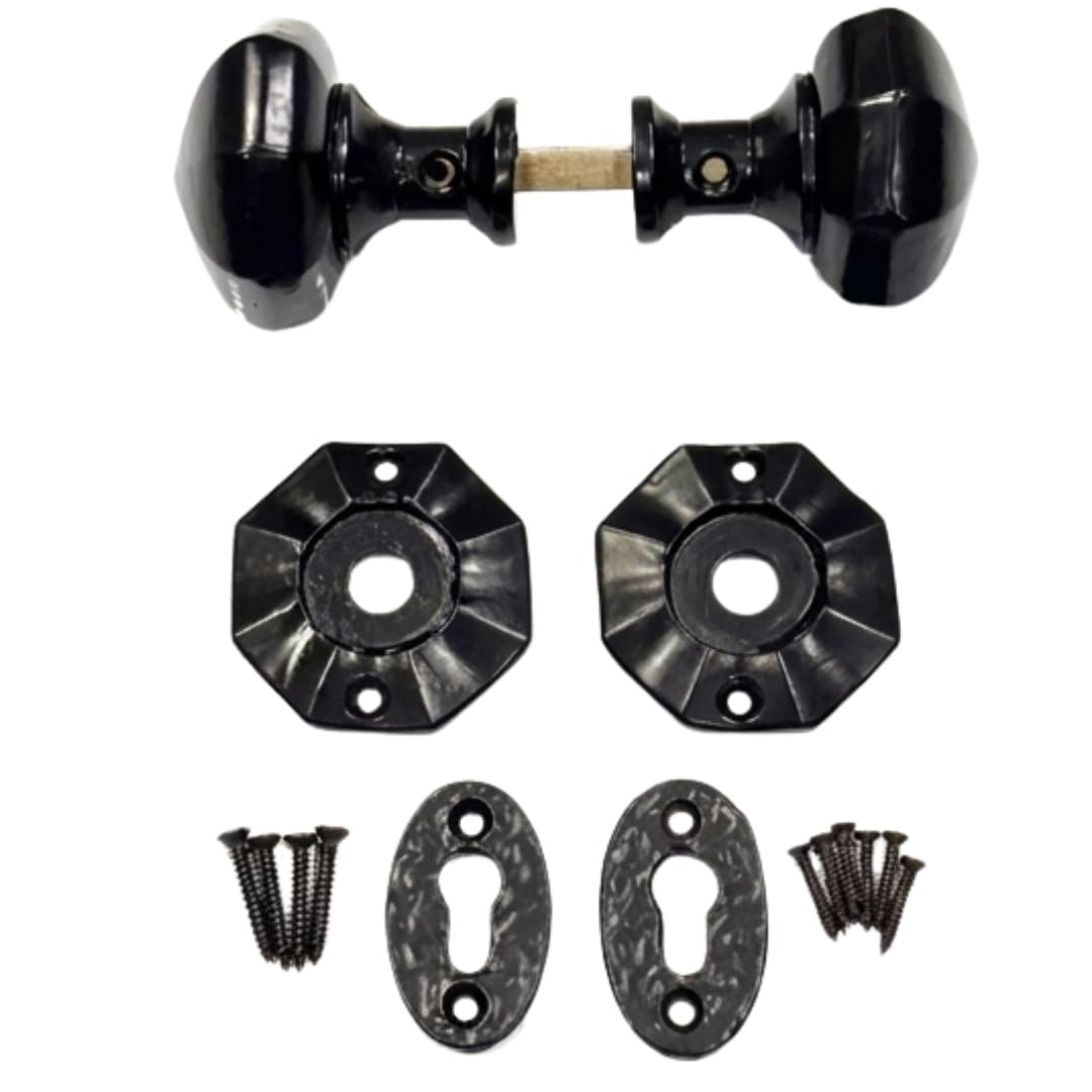 SCORPIO HARDWARE Door Knobs Black Round Oval Octagonal Cast Iron Antique Tudor Rim or Mortice (Octagonal Knob)