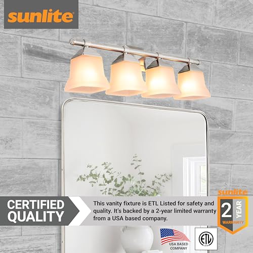 Image of Sunlite 46064 25 inch Modern Square Bell Vanity Wall Mount Light Fixture, Medium Base (E26) Socket, Standard A19 Bulb Required (100W Max), Frosted Glass Shade, ETL Listed, 4 Light Brushed Nickel Finish