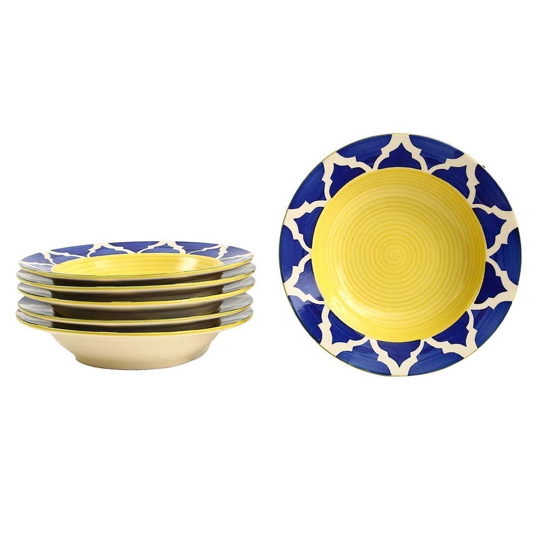 Umrao Pattern Soup/Maggi/Pasta and Macaroni Plate (Blue and White, 9 Inch) -Set of 4