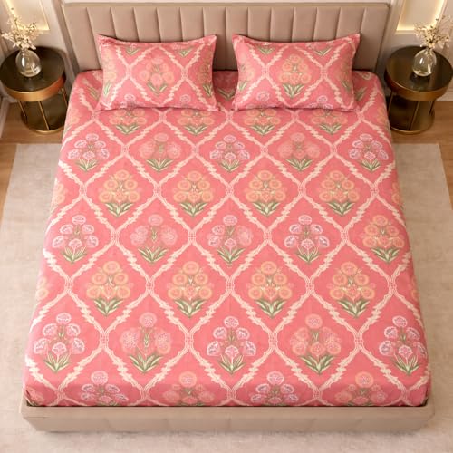 Image of THEA King Elastic Fitted Double Bedsheet Set| 100% Cotton Like Soft Fabric | Microfiber King Elastic Double Bedsheet for King Size Bed (72 X 78 x 10 inches) with 2 Pillow covers,Blush Mahal