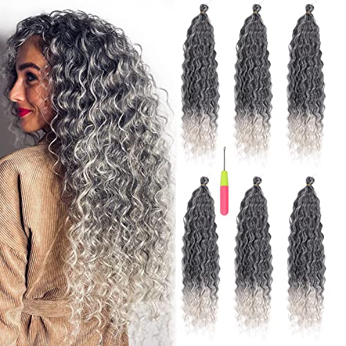Maysa Synthetic Ocean Wave Crochet Hair Soft 22 inch Black mix Grey Curly Crochet Hair Wave Crochet Hair Extensions for Women (22 inch, #1BT/Grey)