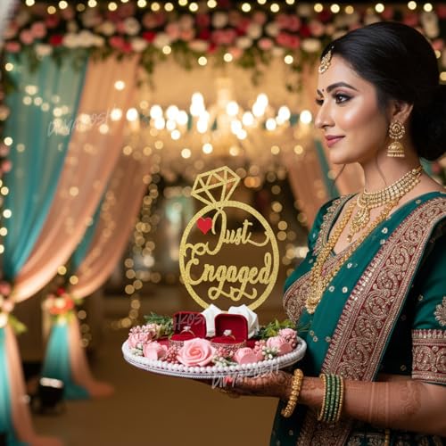 Image of Divyakosh Just Engaged Red MDF Engagement Ring Holder Tray 8x9 inch | Classy Ring Platter for Engagement Ceremony | Engagement Ring Display Box for Couples | Decorative Ring Holder Gift Tray