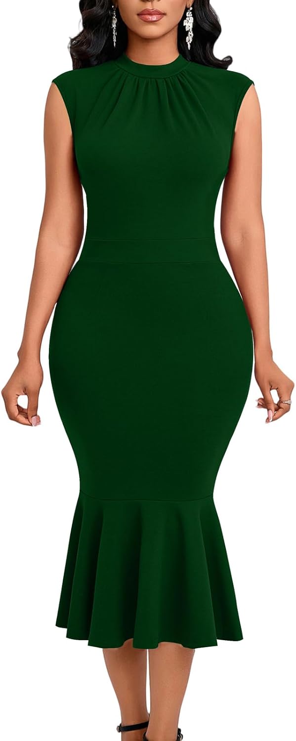 Elegant Dress for Women Bodycon Mock Neck Sleeveless Church Wedding Cocktail Party Midi Classic Mermaid Hem Dresses - Image 4