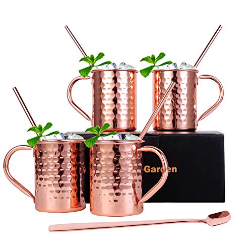 InnoStrive Moscow Mule Mugs Set of 4 Moscow Mule Cups 100% Food-Safe Pure Copper mugs With 4 Cocktail Copper Straws and 1 Stirring Spoon