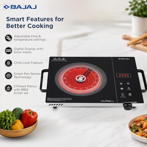 Image of Bajaj IRX 220F Infrared Induction Cooktop | 2200 Watts | 11 Power Level | 3 Preset Menu | Feather Touch Controls | Digital display | 1 Year Warranty 【Black /Silver】