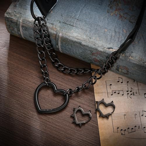 Goth Heart Chain Choker Black Heart Earrings Jewelry Set Gothic Punk Grunge Emo PU Leather Necklace Y2k Huggie Hoop Spike Black Earring Jewelry Gift for Women Men2