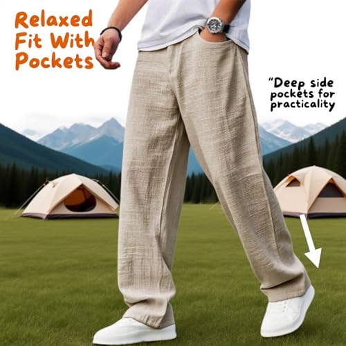 Mokaloha Mens Pants, Men's Casual Hemp Fabric Embroidered Logo Drawstring Loose Elastic Waist Pocket Trousers4