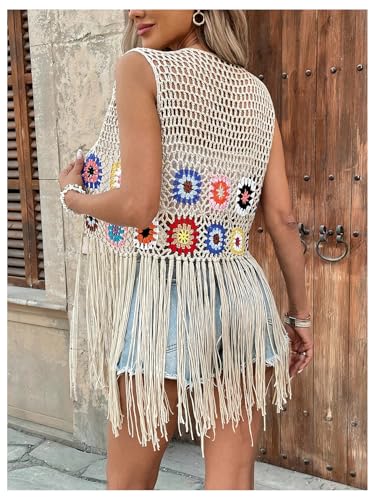 GORGLITTER Women's Fringe Vest Crochet Patchwork Sleeveless Open Front Vintage Cardigan2