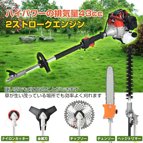 Fkstyle【1台5役 多機能園芸機】パワフル 43cc エンジン式 草刈り機 & 剪定ツールセット ナイロンカッター/金属刃/チップソー/チェンソー/ヘッジトリマー 肩掛けバンド・保護メガネ付き 草刈機 刈払機 (レッド/ブラック) 3枚目