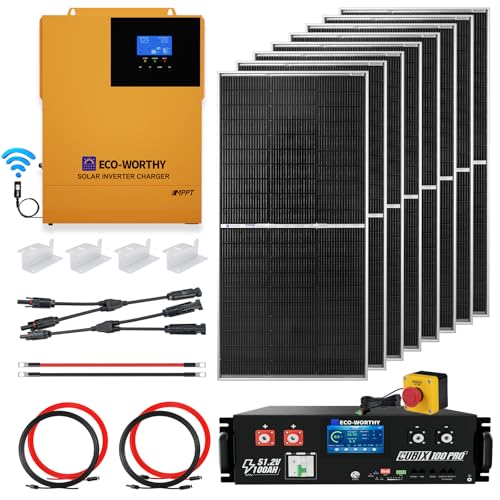 Image of ECO-WORTHY 48V Off Grid Solar System Complete Kit 1600W 6.24KWH Solar Panel Kit for Home:8pcs 195W N-Type Bifacial Solar Panels,48V 100Ah Pro LiFePO4 Server Rack Battery with LED,3500W Solar Inverter