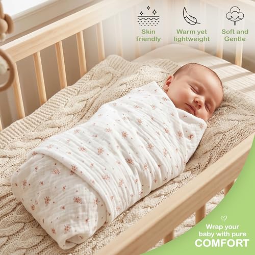 Image of Organic Muslin Baby Blanket 3-Pack Olive, Cinnamon & Wildflower, 38x40 Inch 100% Organic Cotton Oeko-TEX Certified Ultra-Soft Swaddle Blankets for Newborn, Baby Girl Shower Gift Set