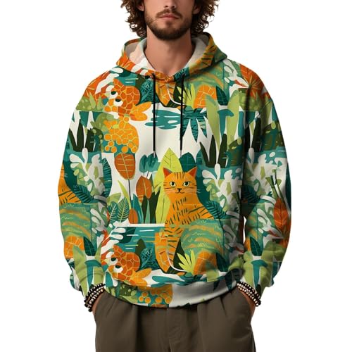 Sudadera con capucha de hombre verde m con bolsillo manga larga informal estampado animales