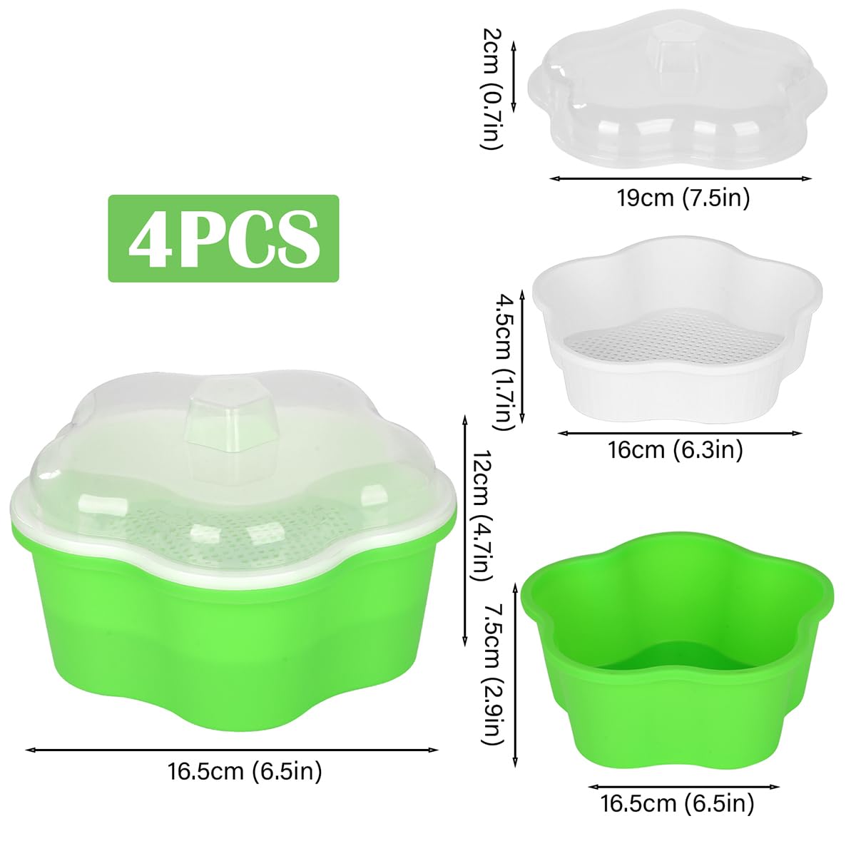 Grande Ciotola per Germogli, 18 cm, 4 Pezzi, Vaso per Germinazione, Coltivazione di Piantine, Piselli e Erba di Gatto, Plastica Senza BPA