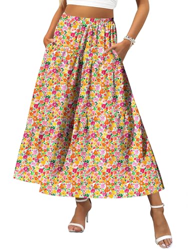 Zeagoo Womens Flowy Midi Skirt Vintage Floral Print High Waist Elastic A Line Boho Beach Holiday Long Skirts Long Skirt with Pockets