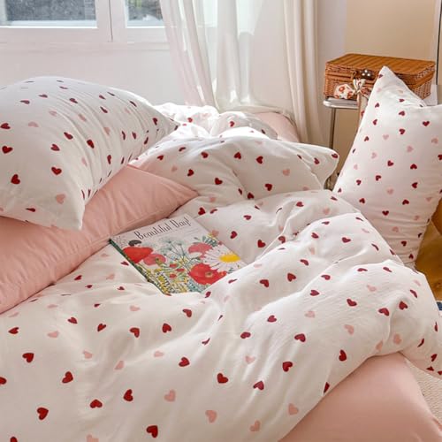 Image of Heart Duvet Cover Queen Size Red Pink Hearts Bedding Set 3Pcs Kids Cute Heart-Shaped Soft Microfiber Duvet Cover Set for Girls with 2 Pillowcases