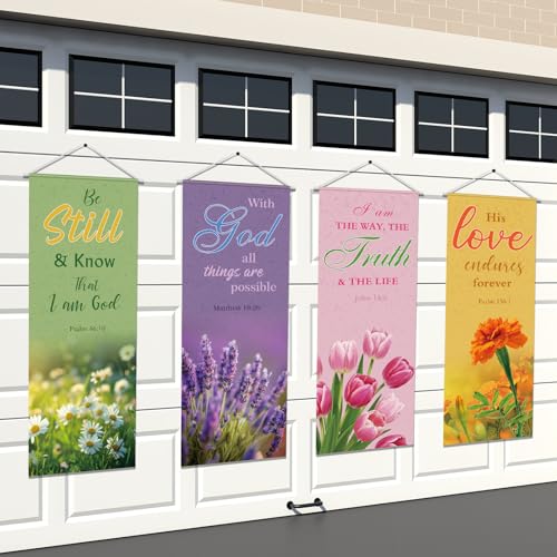Image of Panelee 4 Pcs Church Banners for Sanctuary Wall Blooming Flower Church Banners with Scripture Inspirational Religious Praise Bible Verses Hanging Backdrop Signs for Sunday School Worship Decoration