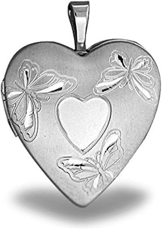 PicturesOnGold.com Sterling Silver Butterfly Heart Locket - 3/4 Inch X 3/4 Inch with Engraving