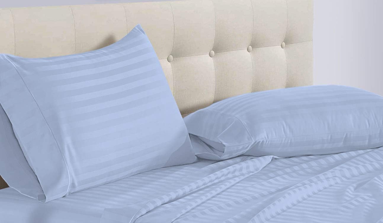 Epic Cotton 3Pc Striped Flat Sheet Only - 800-Thread-Count TwinXL Size Light Blue Top Sheet - Luxury Soft 100% Egyptian Cotton Sateen Weave Bedding.