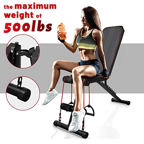 QingAn Adjustable Weight Bench for Home Gym, Foldable Incline Strength Training Bench for Full Body Workout,Decline Sit Up Bench with Elastic Ropes for Fitness Exercises and Weight Training