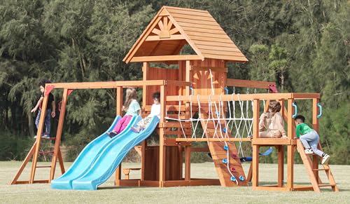 Dolphin Playground Wooden Swing Sets, Monkey bar, Plank Bridge with Rope Mesh, 2 Wave Slides, Large Climbing Wall, Outdoor Table, Saucer Swing, Playground Sets for Backyards, Outdoor Playset