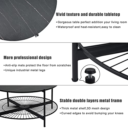Image of NSdirect Round Coffee Table,36 inches Rustic Wooden Tabletop and Reinforced Crossbar with Open Storage Shelf Vintage Circle Cocktail Table with Metal Legs for Living Room,Black