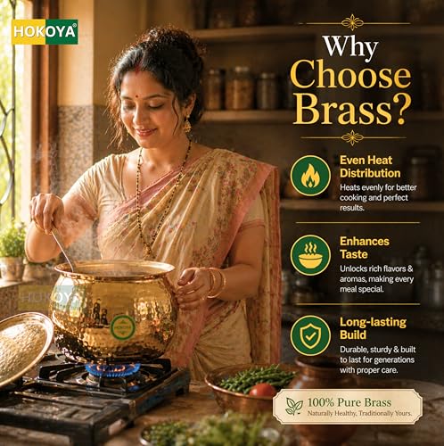 Image of HOKOYA Brass Handi with Lid | Heavy Hammered Pital Cooking Pot for Biryani, Dal, Rice | Indian Kitchen Utensil & Gifting (10 LTR)
