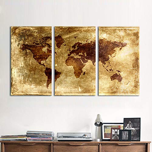 Tableaux carte du monde pour salon moderne : lot de 3 toiles murales Five-Seller encadrées