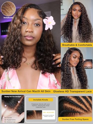 Image of Sunber Bye Bye Knots 7x5 Lace Glueless Water Wave Human Hair Wig 16Inch | Golden Brown Highlights No Slip Wet and Wave Gluless Wig 150% Density Put On Go Pre Bleached Invisible Knots