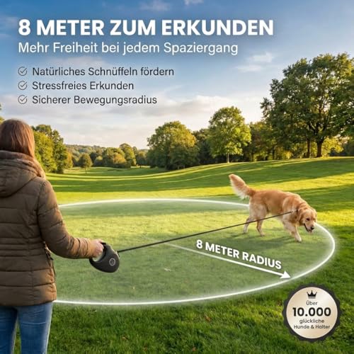 HUND IST KÖNIG Rollleine Hundeleine 8m für kleine & große Hunde | Hochwertige Hundeleine ausziehbar mit bequemen Griff | Robuste Ausziehleine | bis 50kg