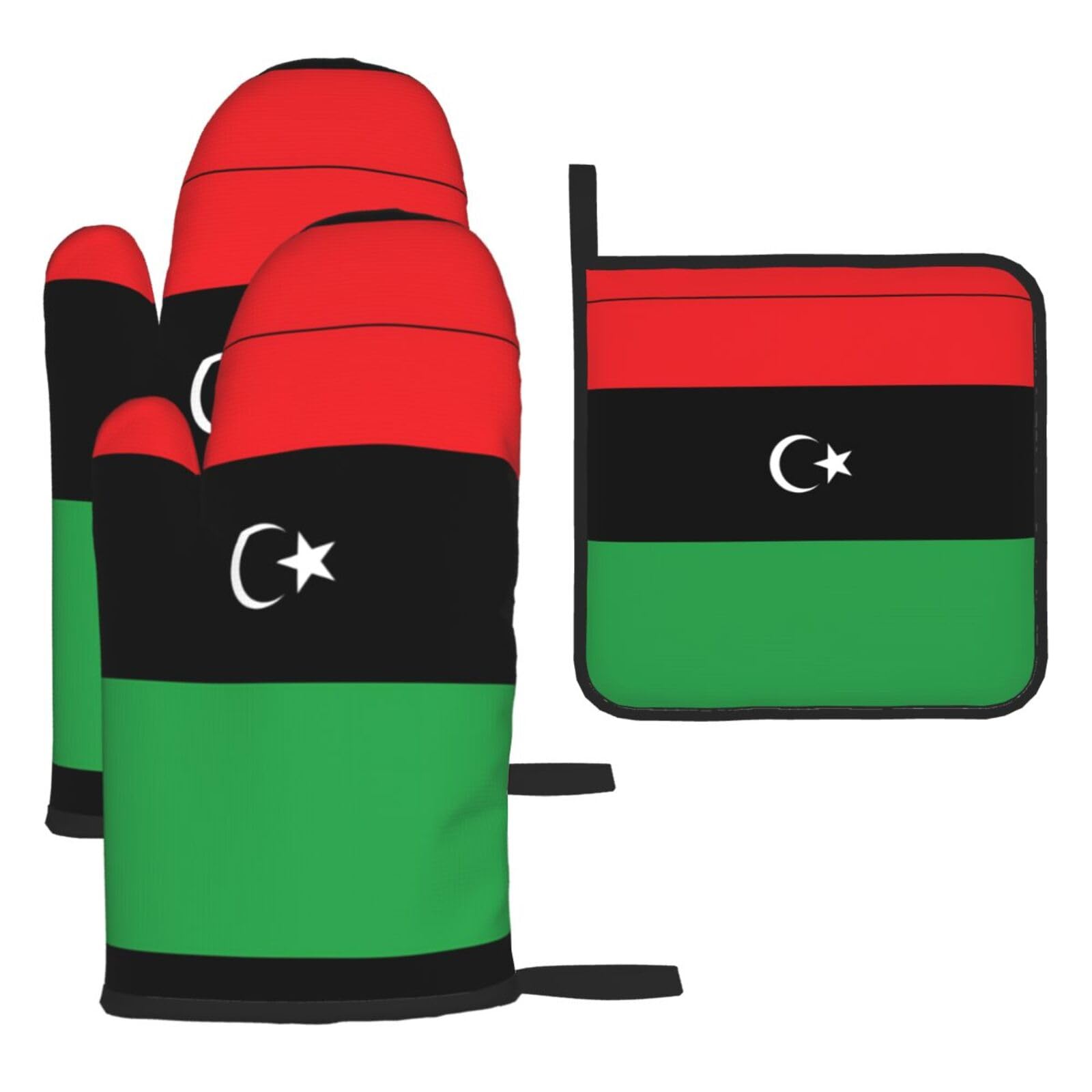 Libyan flag Oven mittens and oven mitts three-piece set suitable for oven, grilling, baking, microwave and home cooking.