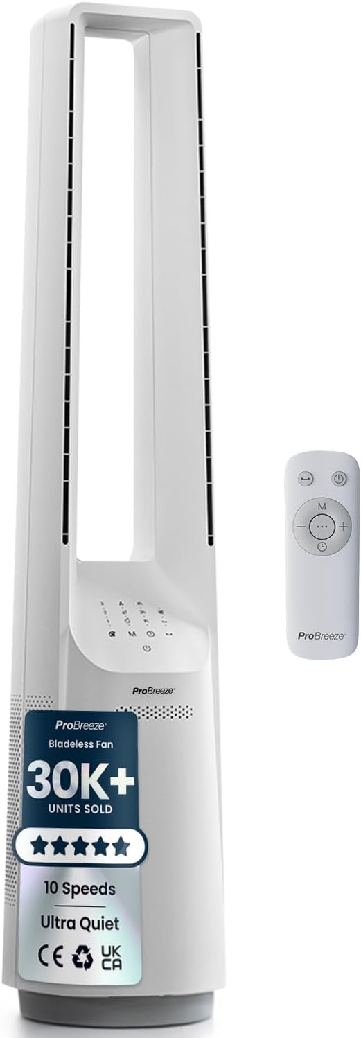 Pro Breeze Ventilatore a Torre Bianco 101 cm Senza Pale – Motore DC Ultra Silenzioso, Telecomando, Display LED, 6 Velocità, 5 Modalità, Oscillazione Automatica 60°, Timer 7h, Ideale per Casa e Camera
