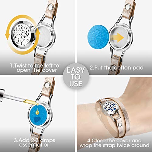 Essential Oil Diffuser Bracelet,Stainless Steel Aromatherapy Locket Bracelets Leather Band with 8 Color Pads,Girl Women Jewelry Gifts for Mom