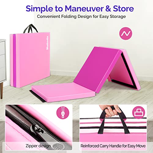 Matladin 6' Folding Tri-Fold Gymnastics Gym Exercise Aerobics Mat, 6Ft X 2Ft X 2In Pu Leather Tumbling Mats With Hook & Loop Fastener For Stretching Yoga Cheerleading Martial Arts (Purple&Pink) #TOP3