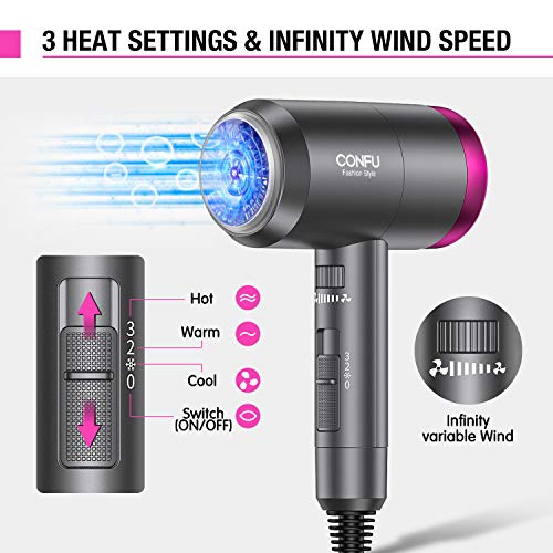 CONFU 1600W Ionic Blow Dryer - Portable, Lightweight, Fast Drying with 3 Heat Settings, Diffuser & Concentrator Nozzle for Home & Travel