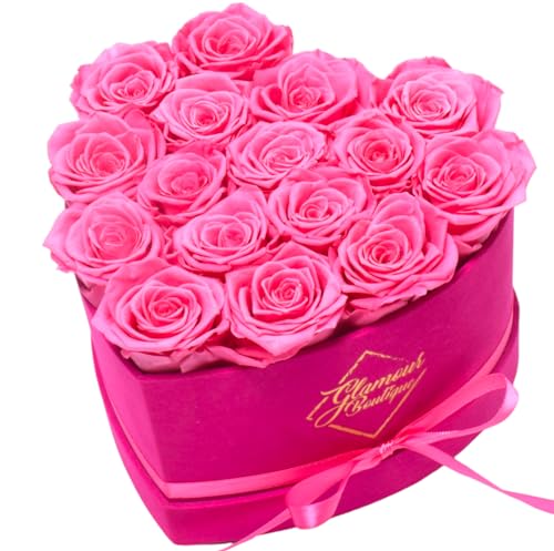 GLAMOUR BOUTIQUE 16 Flower Forever Heart Shape Box, Eternal Preserved Roses Gift for Her, Lasting Flowers, Romantic Floral Keepsake for Birthday Anniversary Valentine’s Day Velvet Pink (Color-Treated)