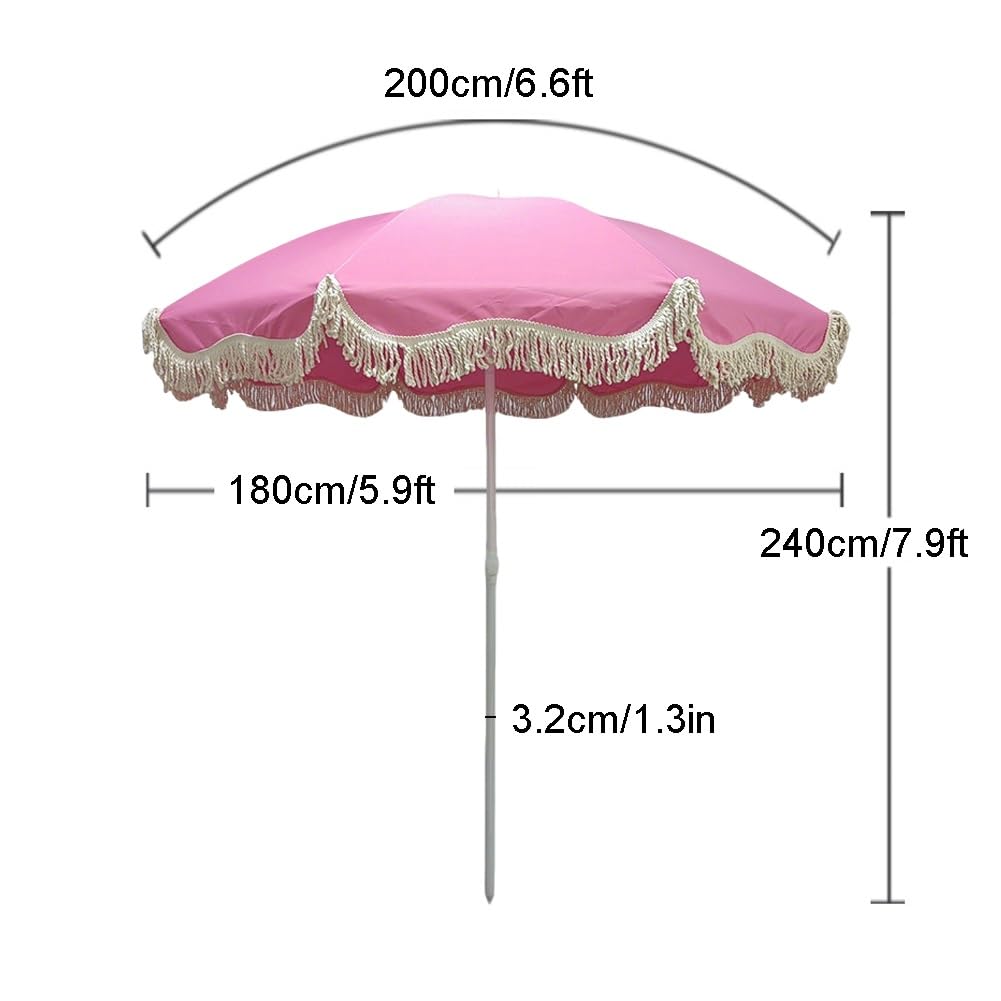 Parasol ogrodowy 200 cm z frędzlami, przenośny parasol plażowy na zewnątrz, 8 żebrami, żelazny trzon, uchylnym, ochrona UV wodoodporny