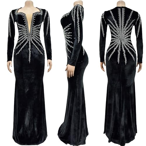 Image of PORRCEY Women's Sexy Rhinestone Lace Sheer Mesh Formal Evening Dress