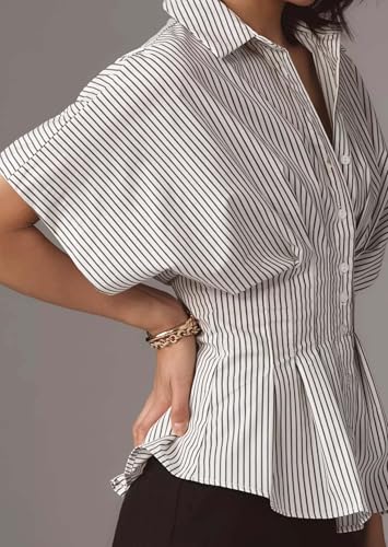 Women’s Striped Button Down Shirt Summer Pleated Short Sleeve Tops Collared Peplum Blouse Business Casual Outfits2