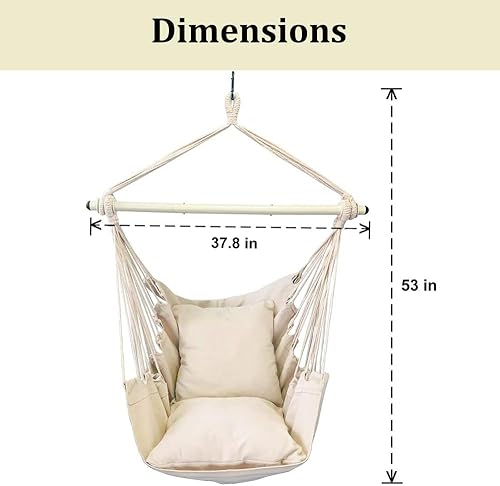 Miniatura 6 de Silla de hamaca colgante con cuerda, silla colgante de lona gruesa que incluye 2 cojines de asiento, máximo 500 libras, hamaca columpio con barra de